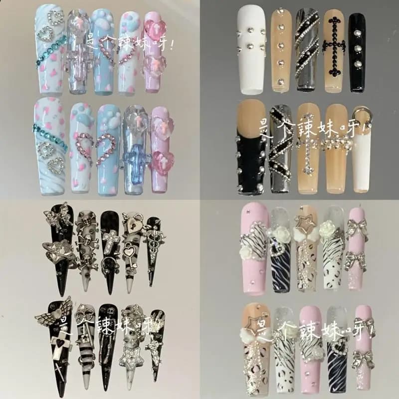 Pittige Meisjes Metalen Stijl Lange Kistvormige Stiletto Handgemaakte Opzetnagels Vlinder Vleugels Schedel Bloem Diamant Strik Draagbare Kunstnagels