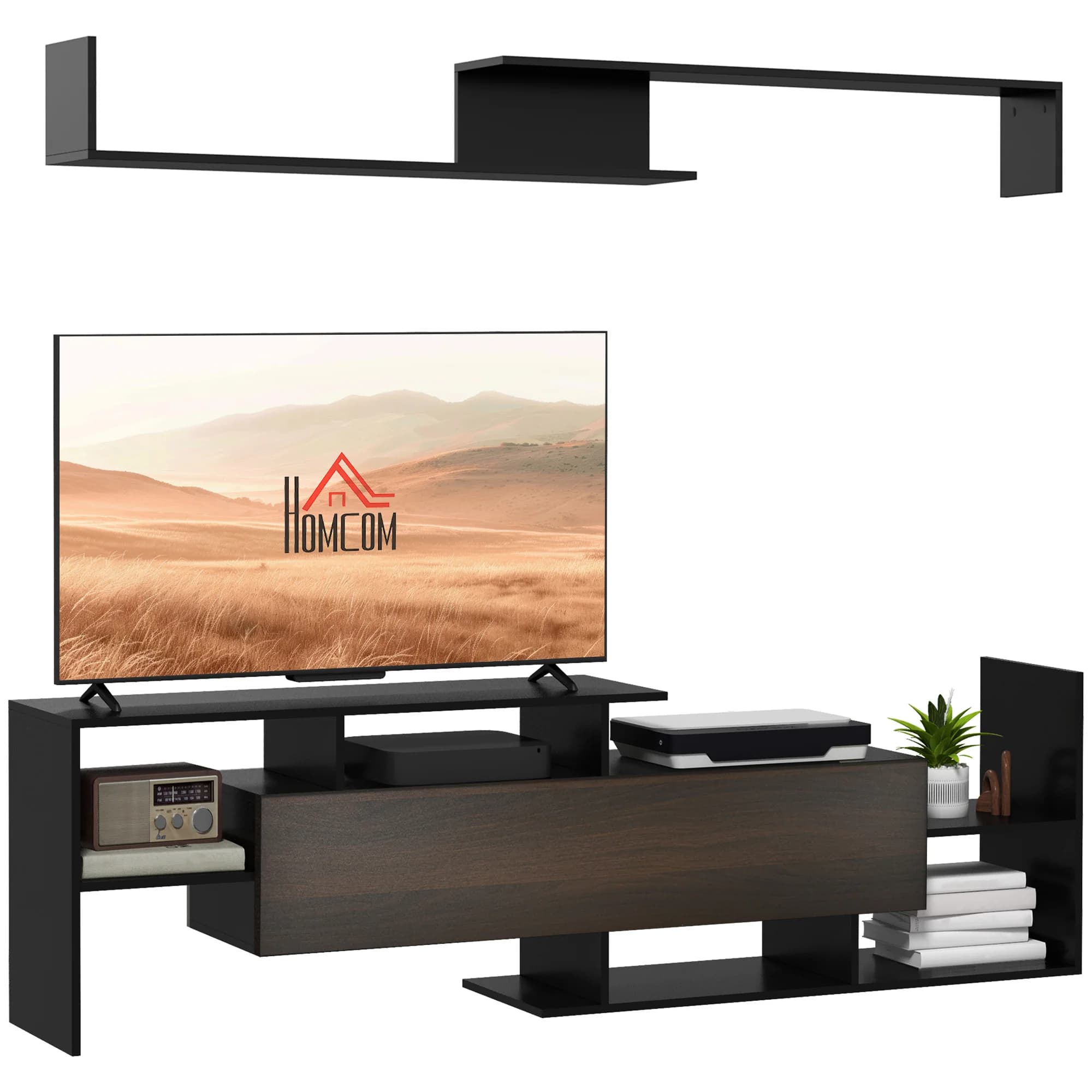 HOMCOM Together TV-meubel met bank en wandplank in moderne stijl 153,6l cm-zwart