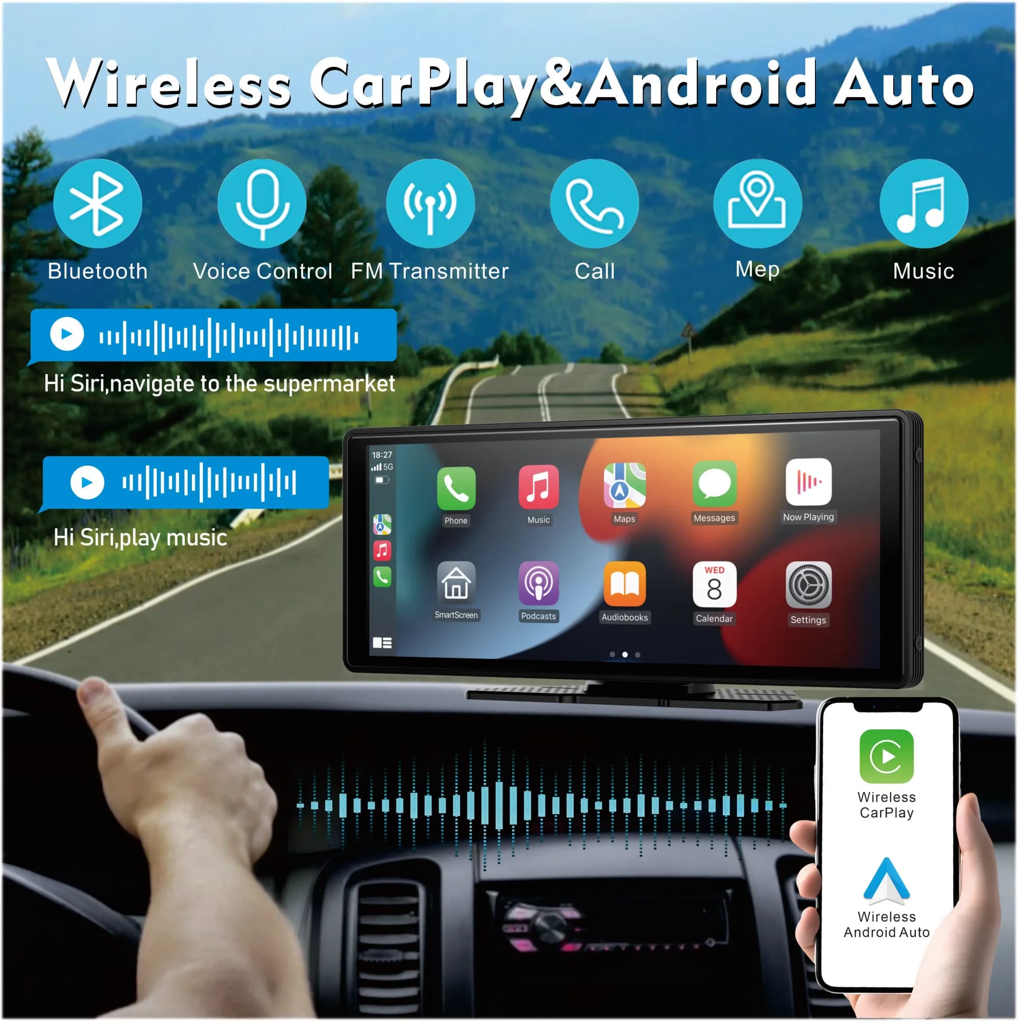 Universeel draagbaar draadloos Carplay-scherm voor auto met Android Auto touchscreen autoradiosysteem