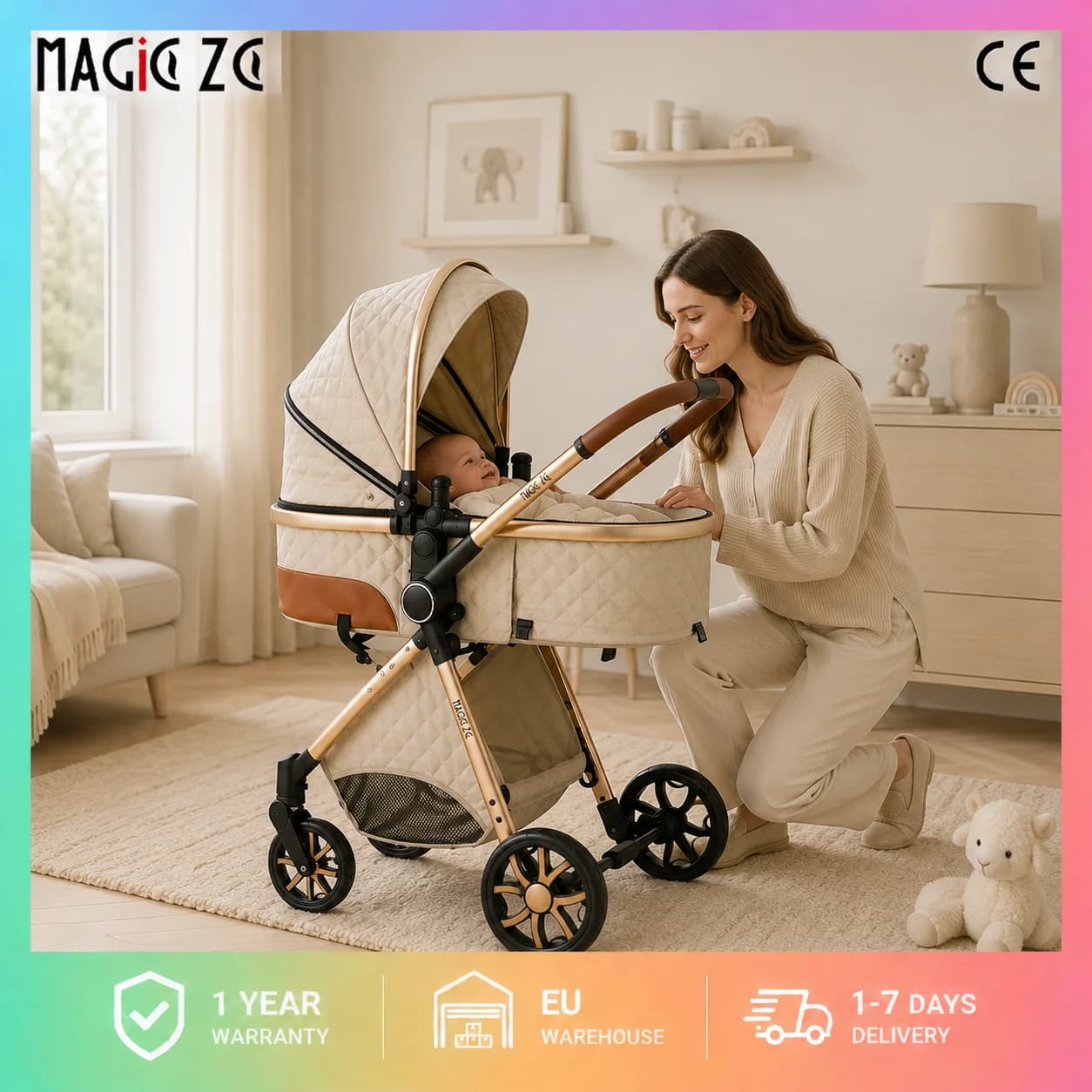 Magic ZC Premium 3-in-1 Baby Reiswiegensysteem, Compacte Inklapbare Kinderwagen met Reiswieg, Autostoeltje en Omkeerbare Zitting, Hoge