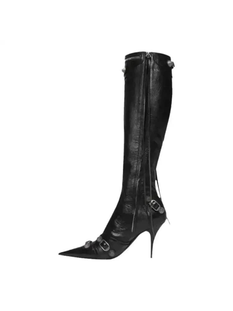Nieuwe Dames Ridder Hoge Laarzen Mode Kwasten Zijritsen Dames Elegante Puntschoen Lange Laarsjes Damesschoenen