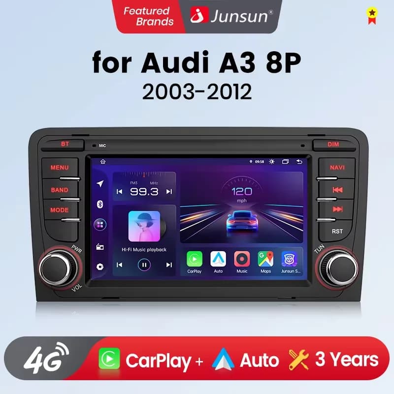 Junsun 7 inch draadloze CarPlay voor Apple Android Auto autoradio voor Audi A3 8P S3 RS3 2003-2012 GPS navigatie SWC Bluetooth FM RDS DSP IPS