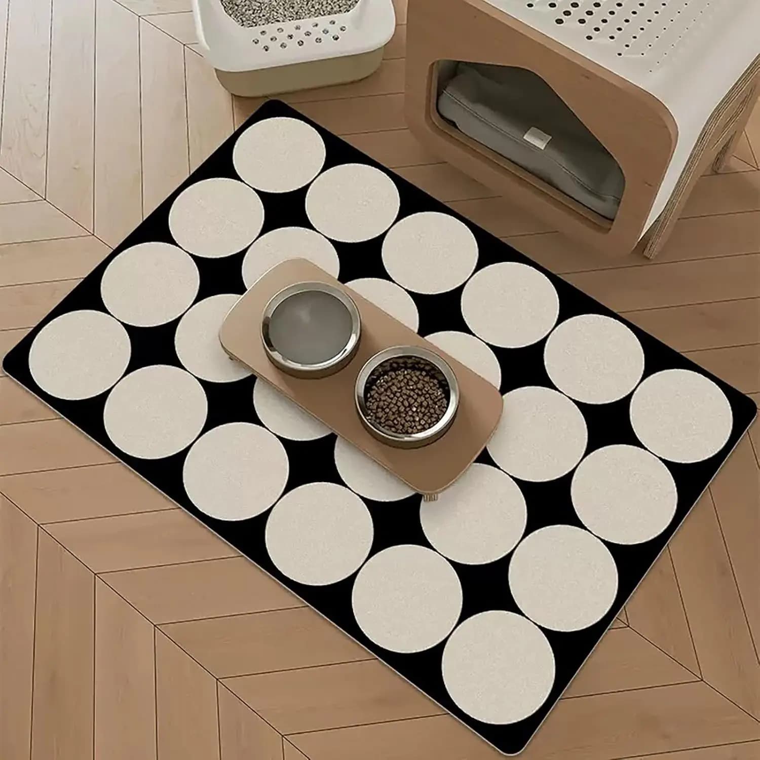 VIKAMA Zwart-witte eenvoudige huisdiermat, voerbakpad, katten- en hondenvoerbak, sterk absorberend, krasbestendig woondecoratie