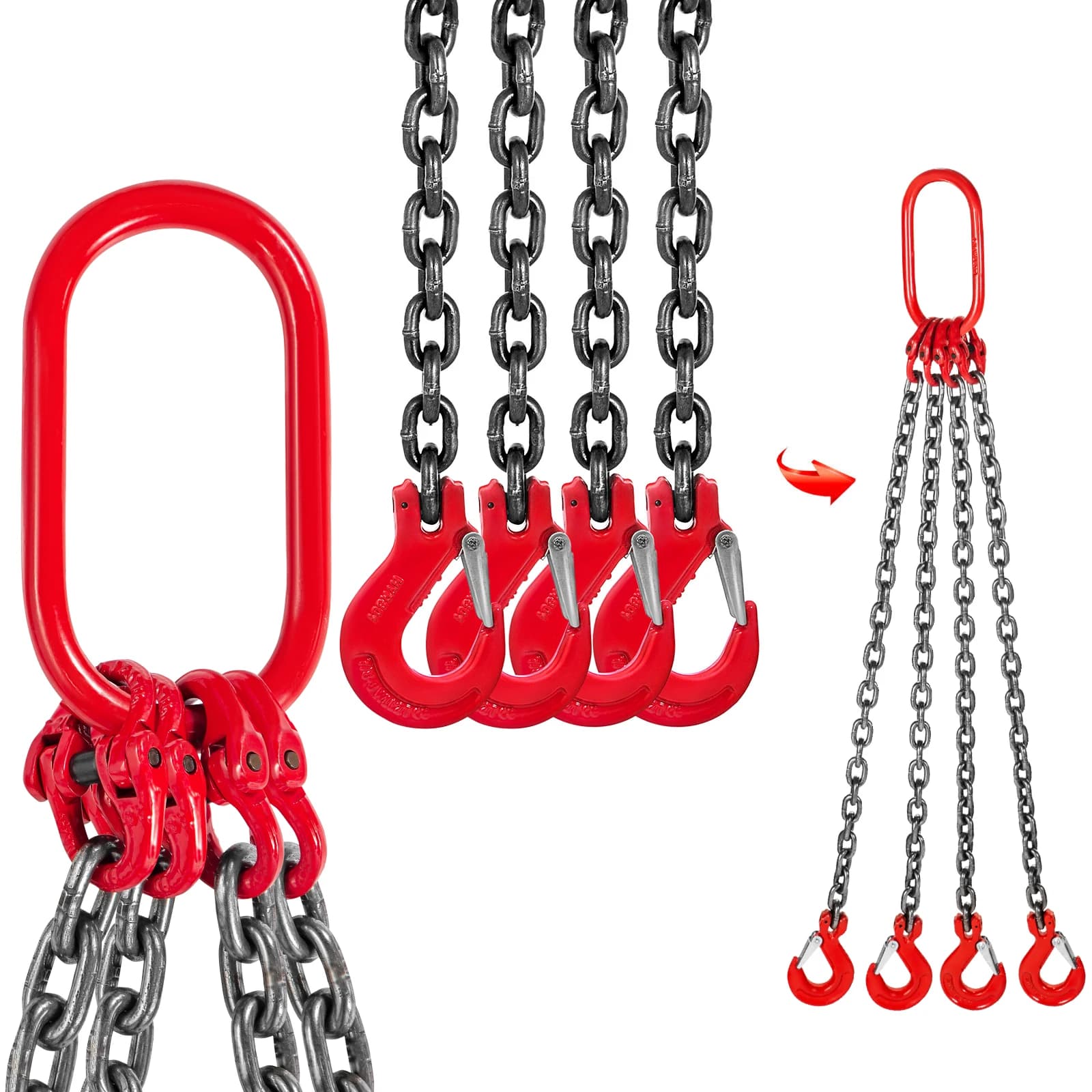 SucceBuy 4T kettingsling 1M x 8MM vier poten met poedercoating stalen haak - klasse 80 hoge temperatuurbestendigheid voor hijsen
