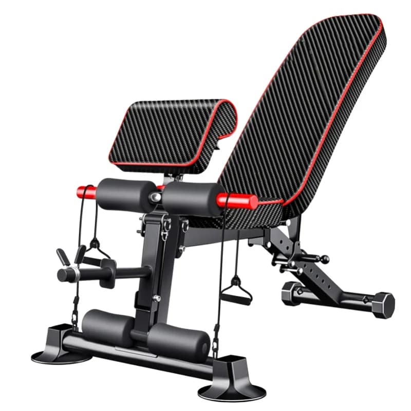 Verstelbare fitnessbank voor full body training, dumbbellbank met weerstandsbanden, geschikt voor sit-ups en krachttraining.