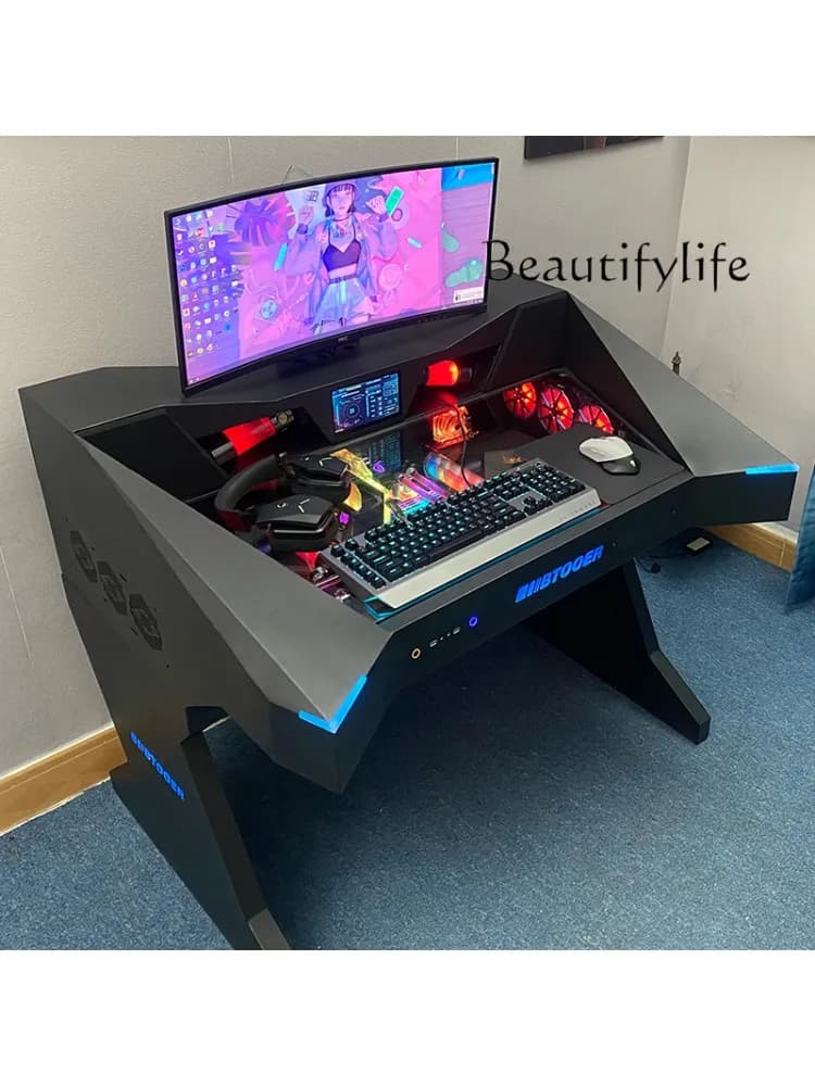 Computerchassis geïntegreerde tafel, volledig transparant watergekoeld groot chassis, speciaal gevormde computertafel, e-sporttafel