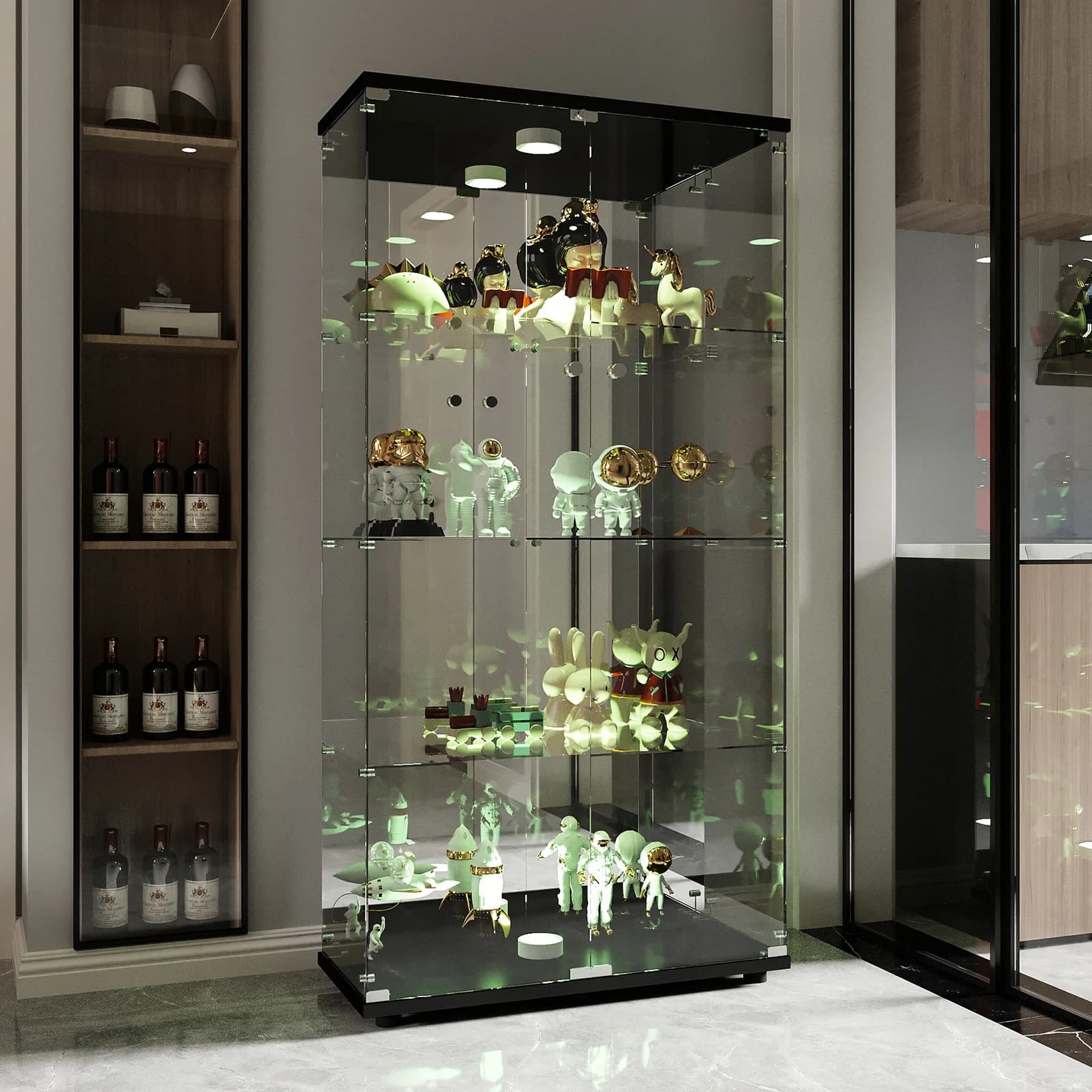 LED-glazen vitrinekast, 4-laags staande vitrinekast, vitrinekast voor woonkamer, slaapkamer, entree, kamerdecoratie, wit/zwart