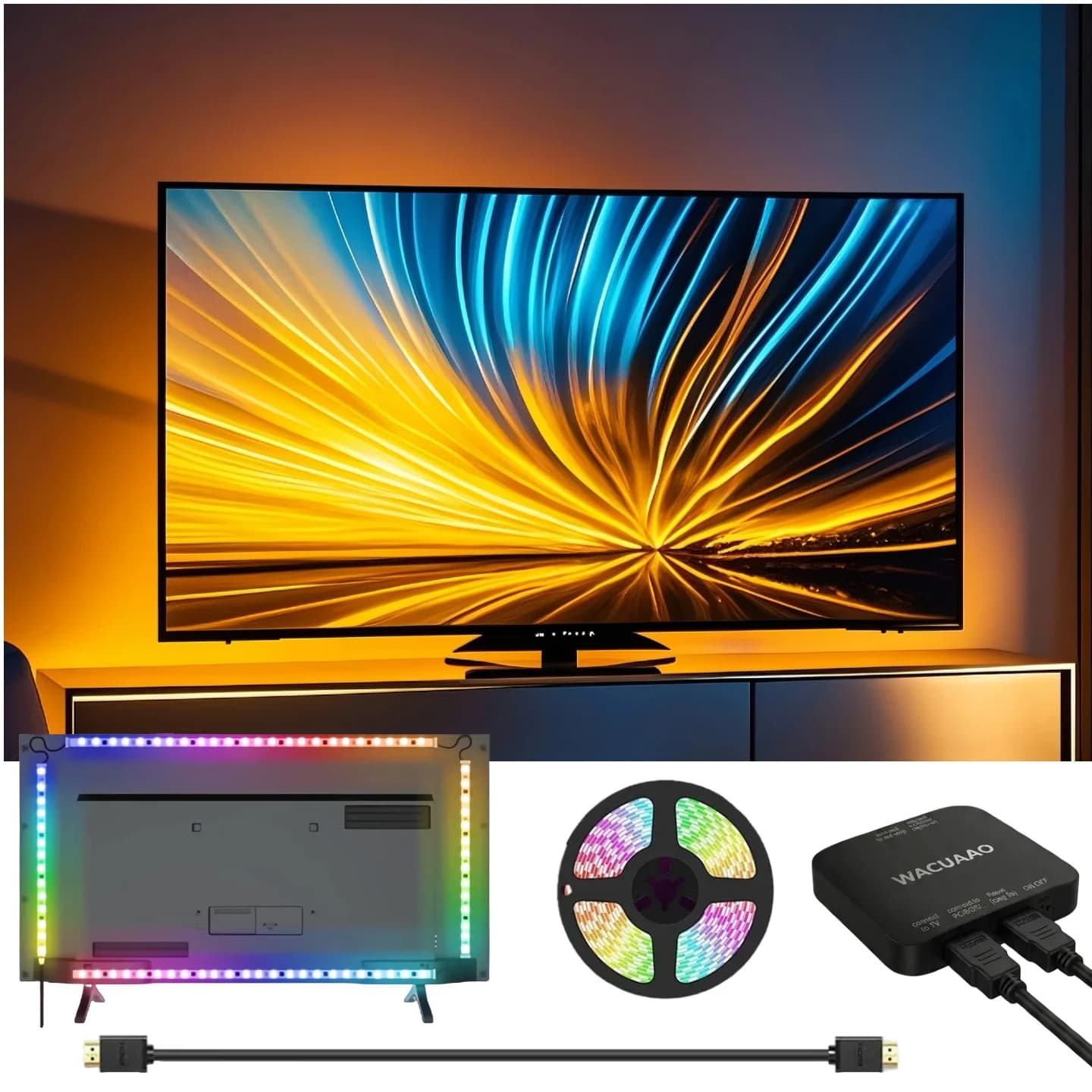 WACUAAO LED HDMI Sync TV-achtergrondverlichting voor PS5/Apple TV/Fire Stick, meeslepende gaming-lichtstrip, werkt ALLEEN met externe tv-boxen