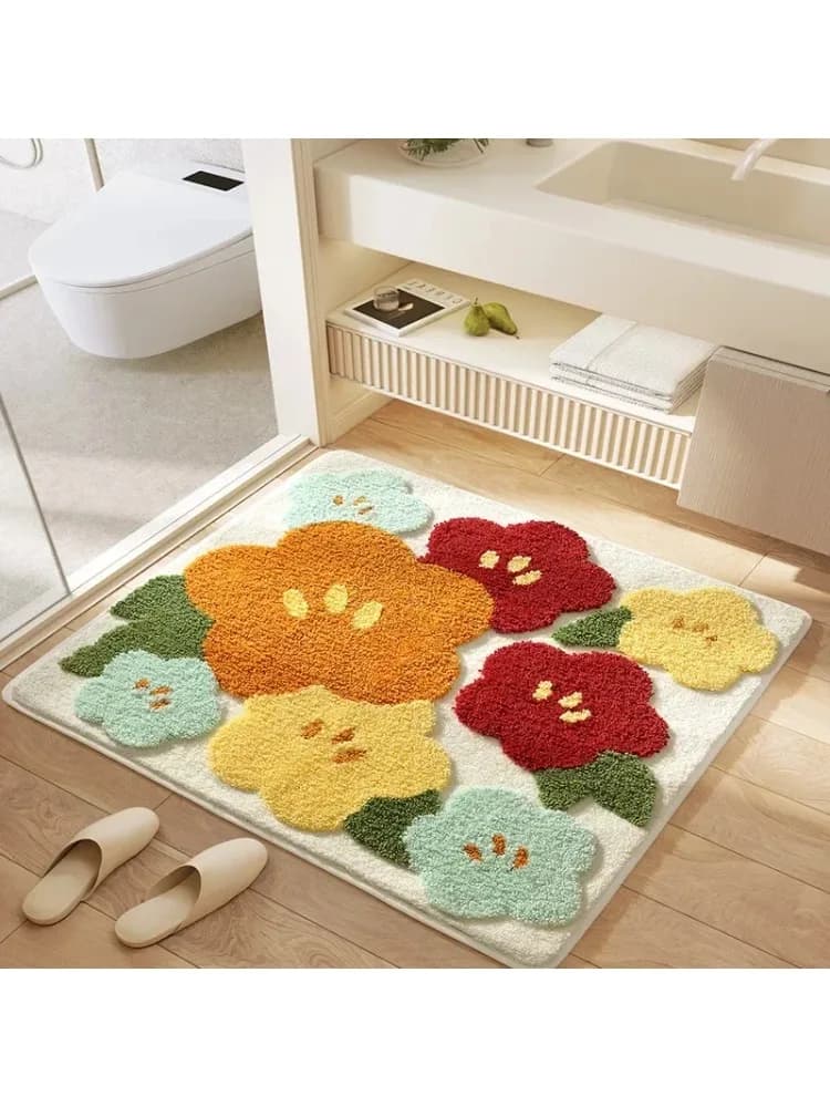 Vierkante bloemenbadmat, ultra pluche absorberend badkamerkleed, antislip achterkant en zacht aanvoelend oppervlak, vloermatten voor badkamerdecoratie