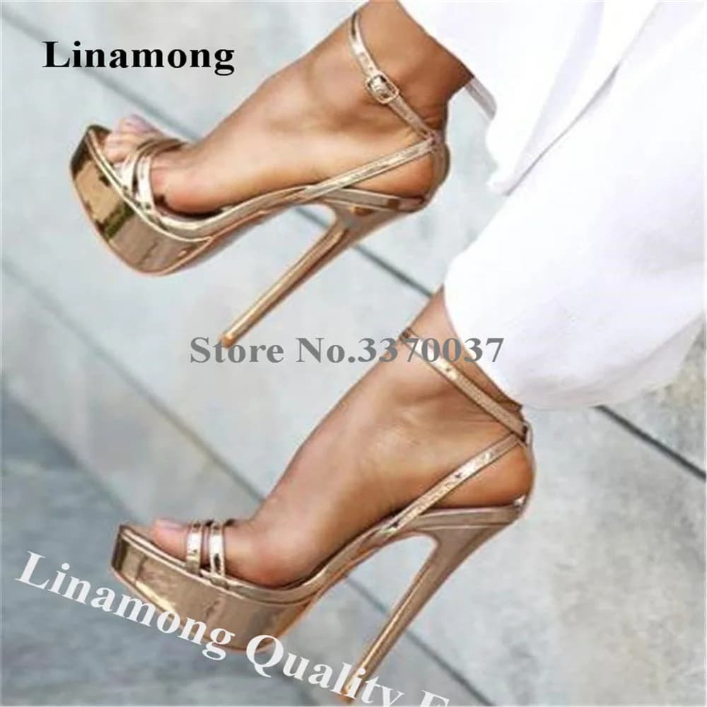 Linamong Elegante Open Teen Hoge Platform Stiletto Hak Sandalen Goud Zilver Zwarte Bandjes Cross Hoge Hak Sandalen Formele Jurk Hak