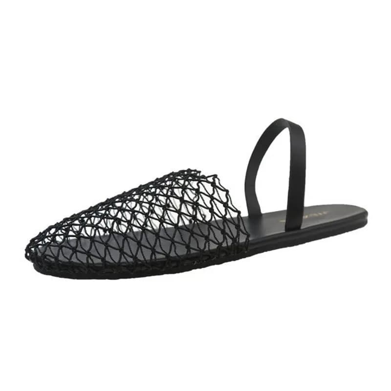 Vrouwen zomer dunne band gevlochten mesh sandalen hol twee manieren om dia's te dragen vrouwen comfortabele ronde neus flats muilezels reizen strand