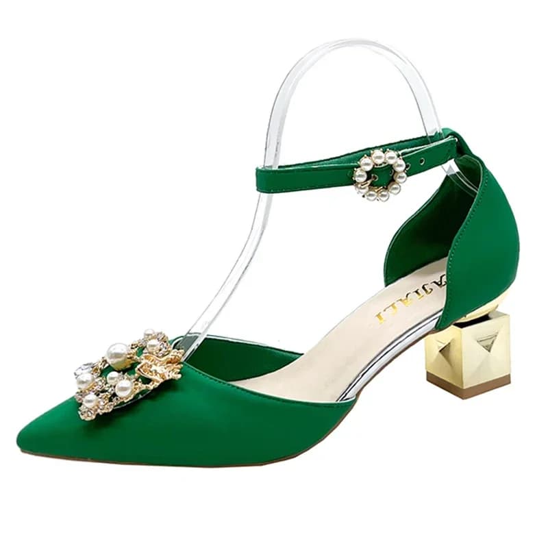 Zoki mode parel gesp vierkante hakken pumps vrouwen puntige teen bling kristallen feestschoenen vrouw elegante med hakken bruid schoenen