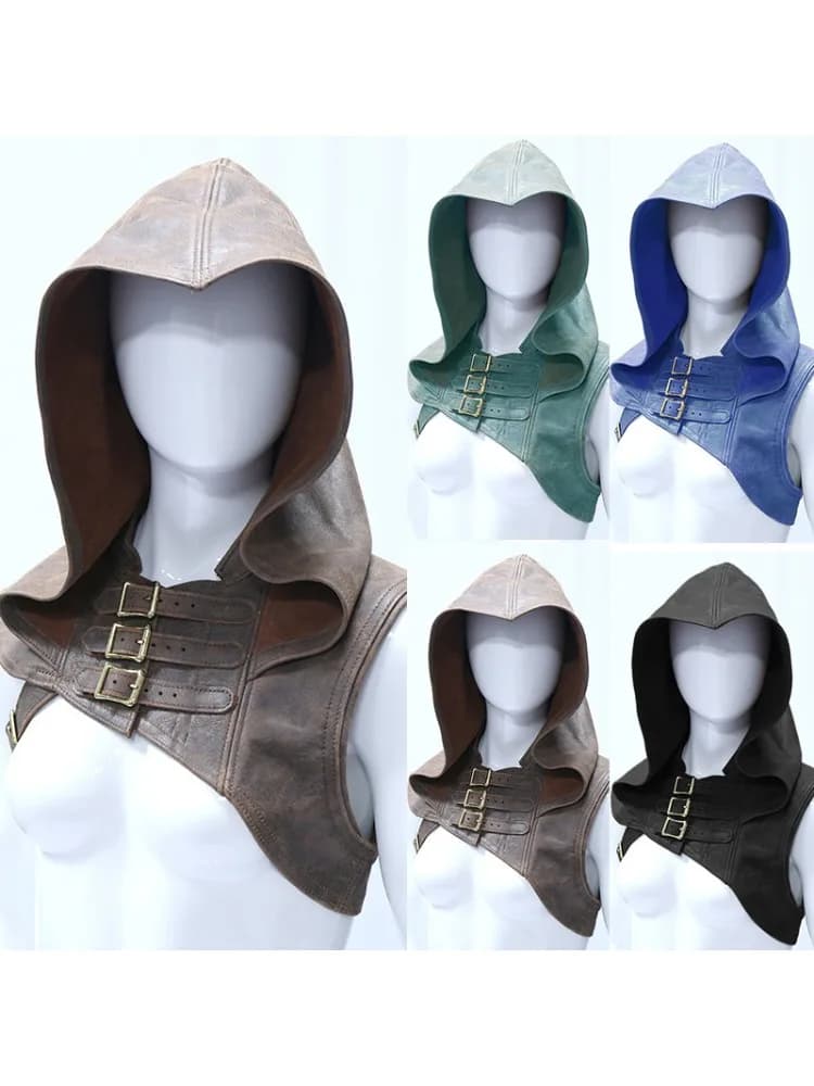 Middeleeuwse kunstleer pantser Huntress Assassin cosplay kostuums carnaval effen kleur lederen sjaal met capuchon Viking Warrior Cape