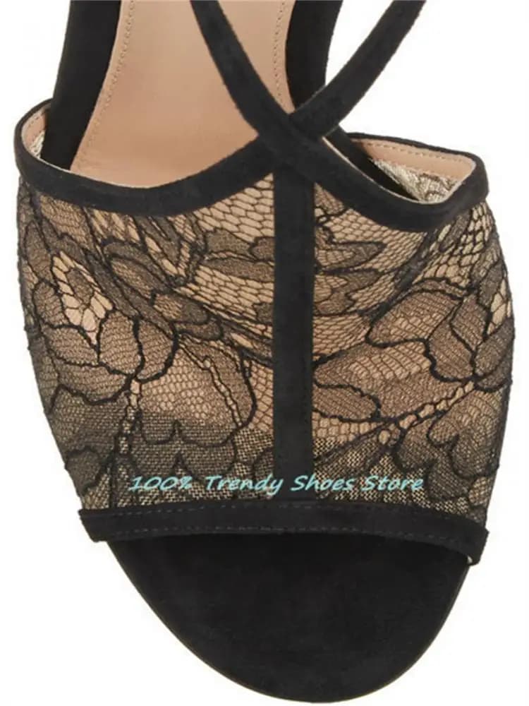 Sexy Transparant Kant Cross Strap Vrouwen Sandalen Peep Toe Hoge Hak Zomer Slingback Pompen Fashion Design Dames Jurk Schoenen
