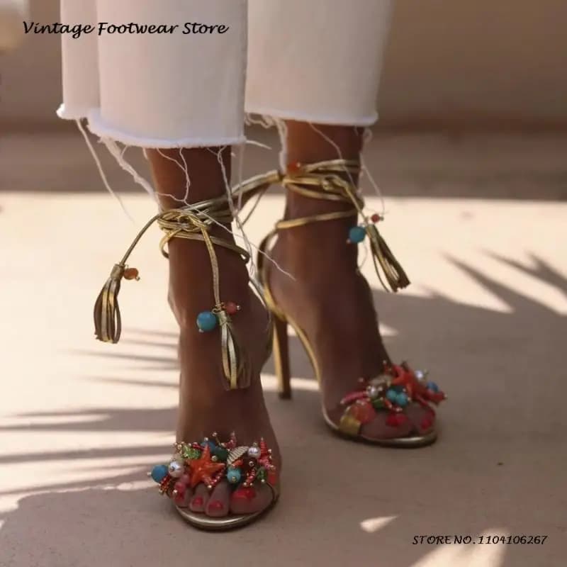 Vakantiestijl Goud Leren Kwastjes Sandalen Zeester Verfraaid Ronde Open Teen Dunne Hakken Schoenen Dames Lente Zomer Stiletto's