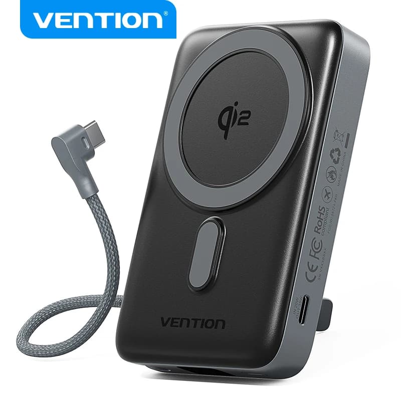 Vention Qi2 Magnetische 10000 mAh 15 W Power Bank PD 35 W met ingebouwde C-kabel Qi2-gecertificeerd voor iPhone 17 Magsafe Charger Powerbank