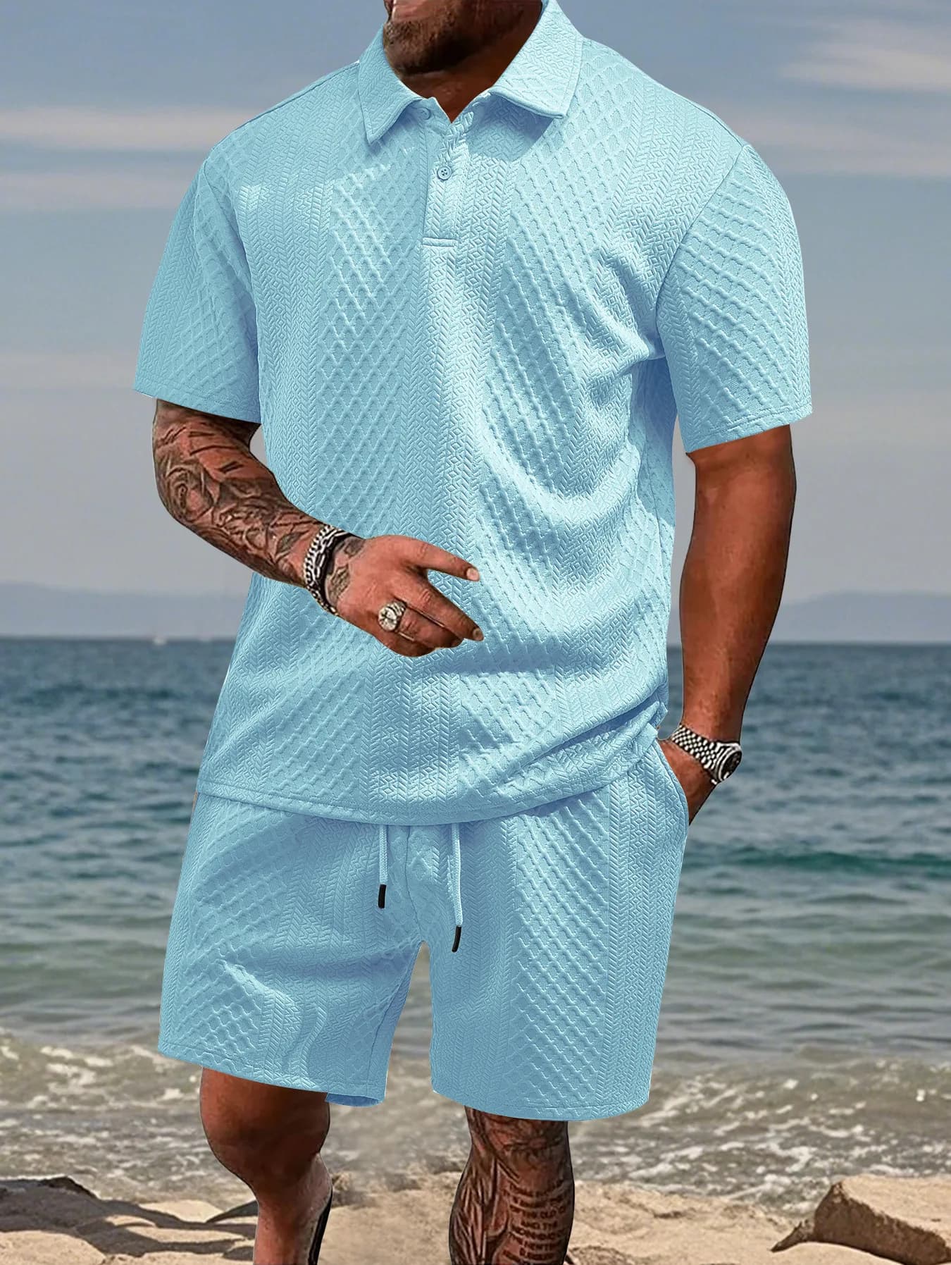 Zomer nieuw heren casual sportkleding poloshirt met revers, herenshirt met korte mouwen en shorts, pak met jacquardtextuur