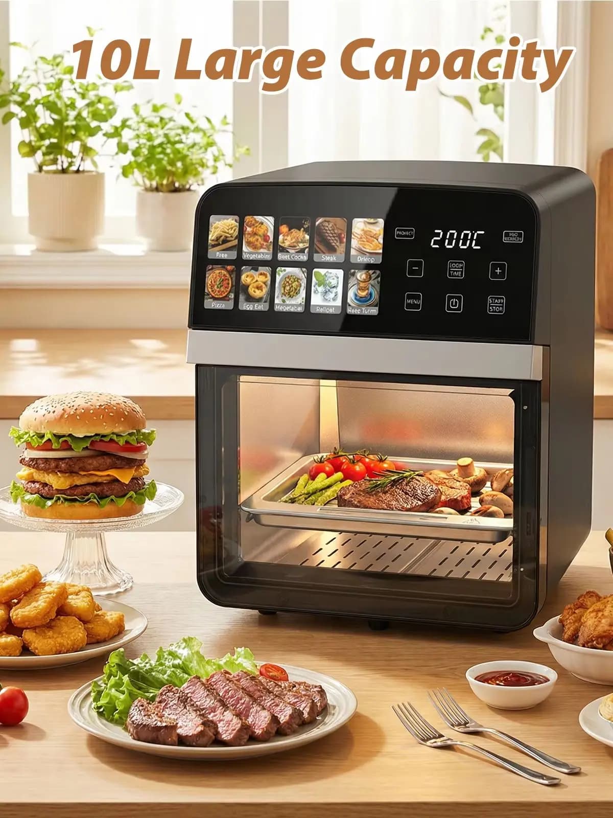 10L Airfryer-oven, 1800W olievrije friteuse met 11 programma's, 360 °   Heteluchtcirculatie, touchscreen display, gezonde bereiding van pizza, kip,