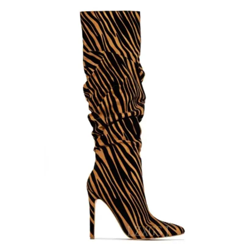 Ruches Tijger Stiletto Knie Laarzen Luipaard Print Puntige Neus Hoge Hakken Dames Laarzen Catwalk Schoenen