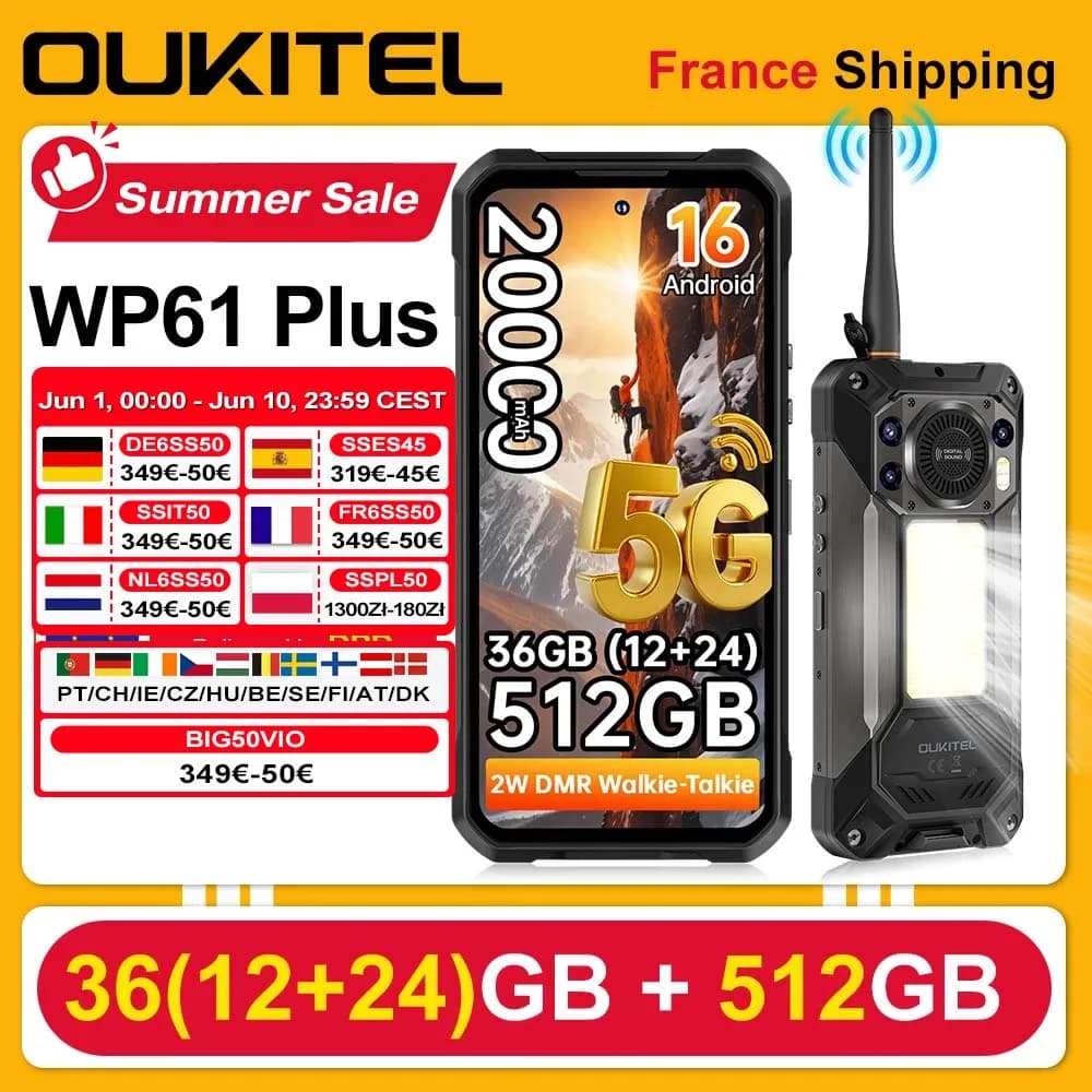 Oukitel Robuuste Telefoon WP61 Plus 5G Walkie-Talkie Android 16 36GB (12+24) RAM+512GB ROM 20000mAh Grote Batterij 6.78'' 108MP Camera