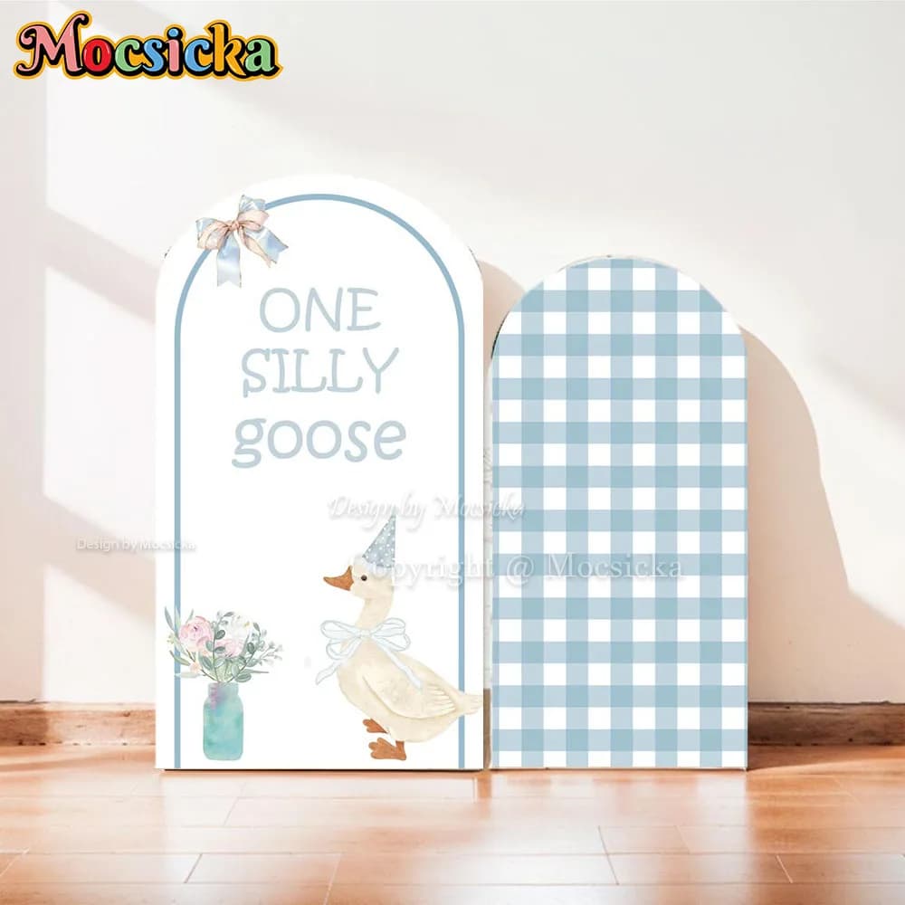 Mocsicka One Silly Goose Baby Show Arch Achtergrond Fotografie Blauw en Wit Geruite Boog Achtergrond Kids Verjaardagsfeestje Foto