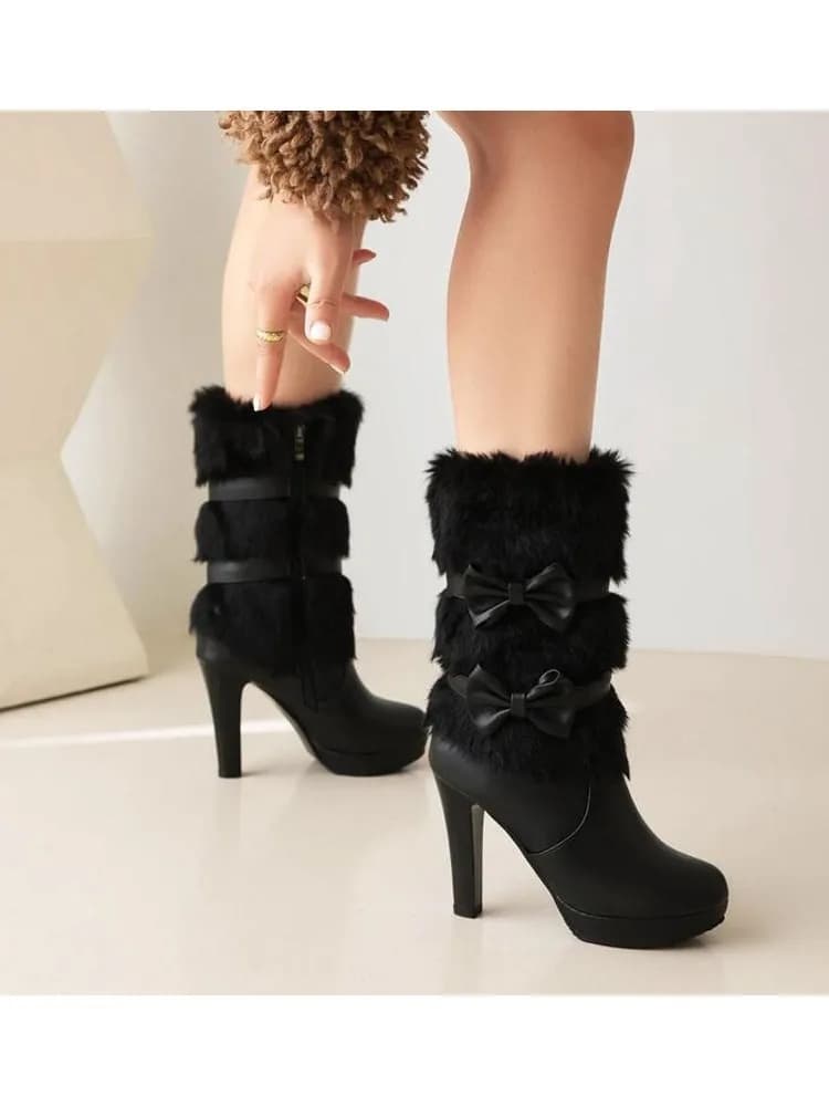 Zwarte Hoge Hakken Halfhoge Laarzen voor Vrouwen Nepbont en Strik-knoop Zoete Wit Roze Winter Vrouwen schoenen Platform Laarzen WSH5013