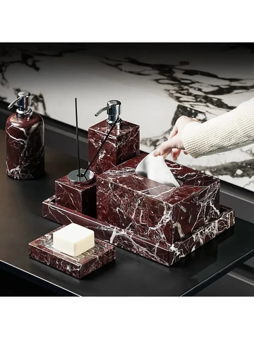 Luxe natuurlijk marmer Rosa Levanto badkameraccessoires voor woondecoratie Zeepdispenser Tissue Box Opbergvak Tandenborstelhouder