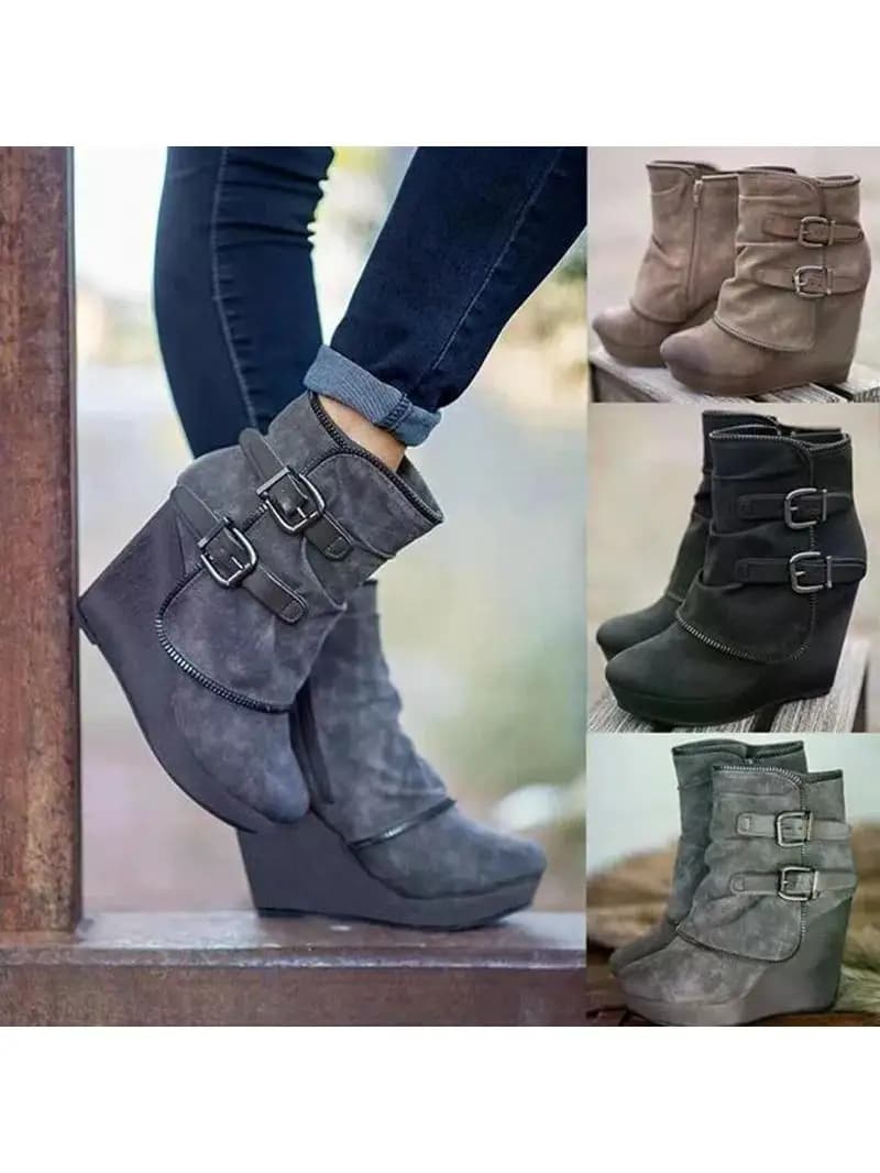 Damesmode Enkellaarsjes Suède Sleehak Rits Effen Kleur Korte Laarzen Ronde Neus Schoenen Dames Jarretel Schoenen 2025, NIEUW