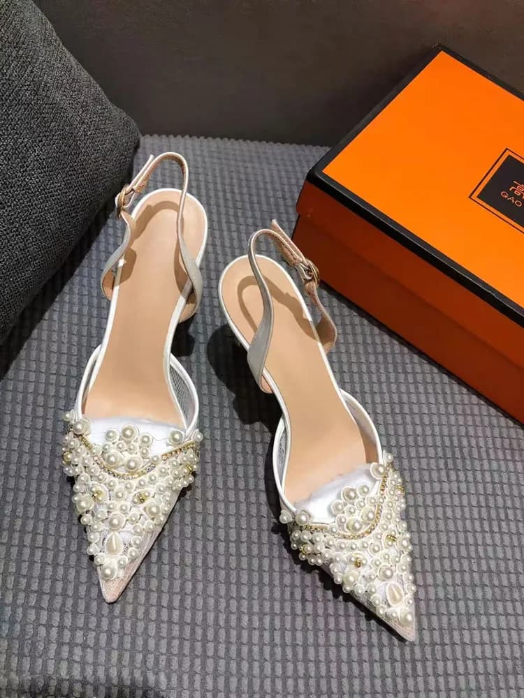 Luxe Parels Steentjes Satijn Air Mesh Vrouwen Pompen Zomer Elegante Puntschoen Slingbacks Dunne Hoge Hakken Bruiloft Schoenen
