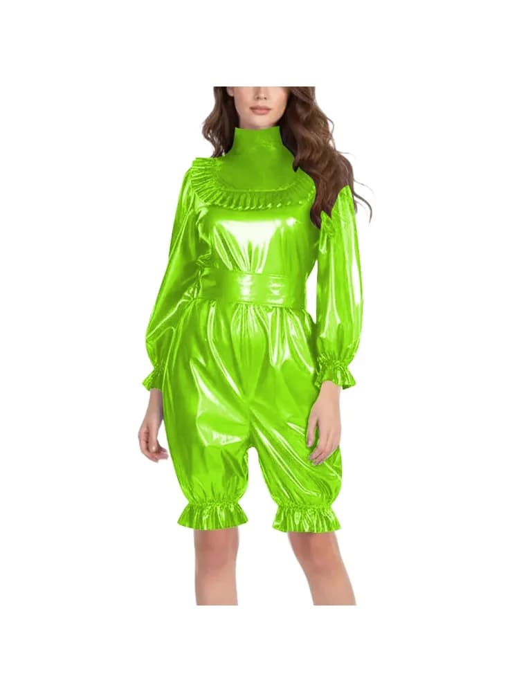 Ruches hoge hals knielange rompertjes voor rollenspel kostuum vinyl lange mouw PVC bodysuit met riem sissy clubwear lantaarn broek