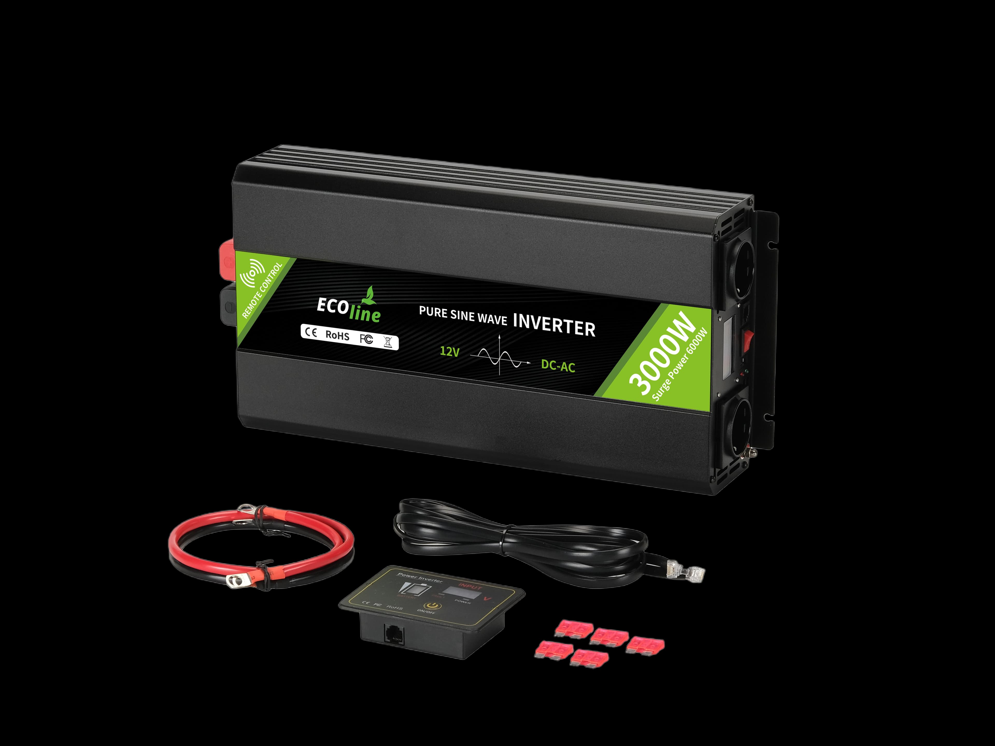 EcoLine - Omvormer 12V Naar 220V/230V - 3000w Vermogen - Zuivere sinus - Spanningomvormer - Remote Controlled