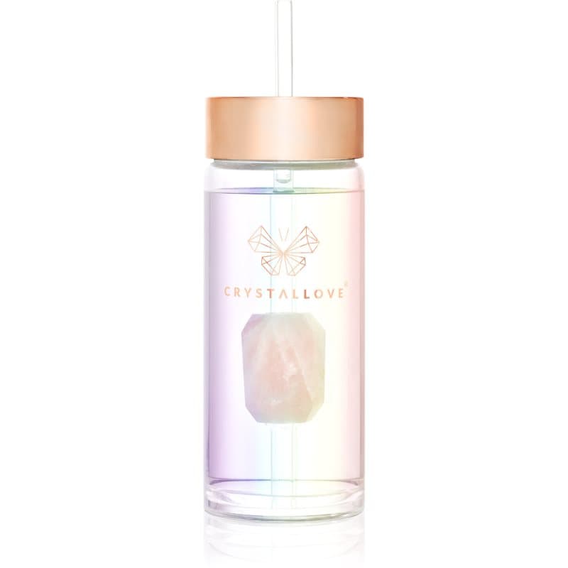 Crystallove Clear Quartz Straw Water Bottle glazen waterfles met rietje Hologram - Rose Quartz 400 ml