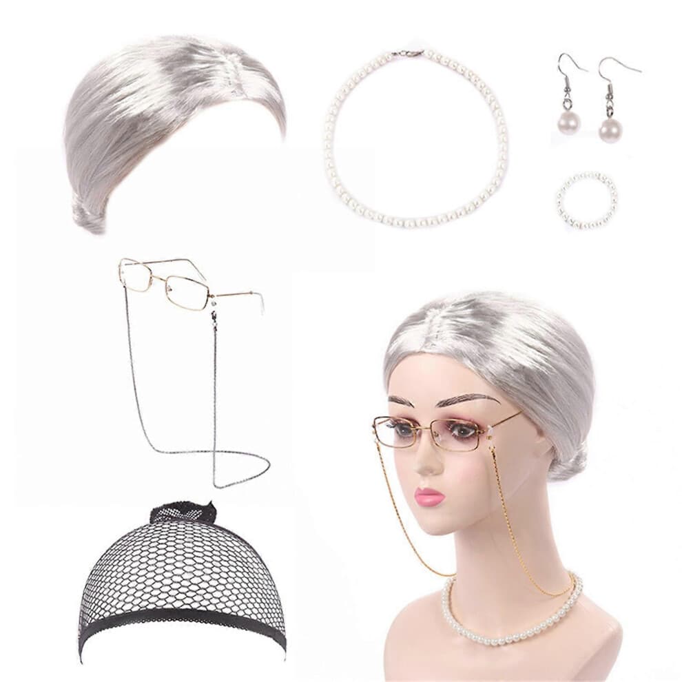 Wigs for Women 7 Pieces Wigs Wig Grandma COS Suit Chain Eyeglasses Pearl Necklace Bracelet Eye Glasses Earrings for Aprils Fools ' Day 100 Days of Sch