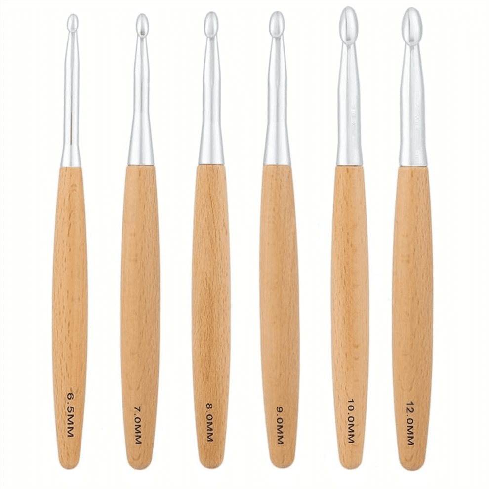 Grote haaknaaldenset 6,5 mm, 7,0 mm, 8,0 mm, 9,0 mm, 10,0 mm, 12,0 mm, beukenhouten handvat