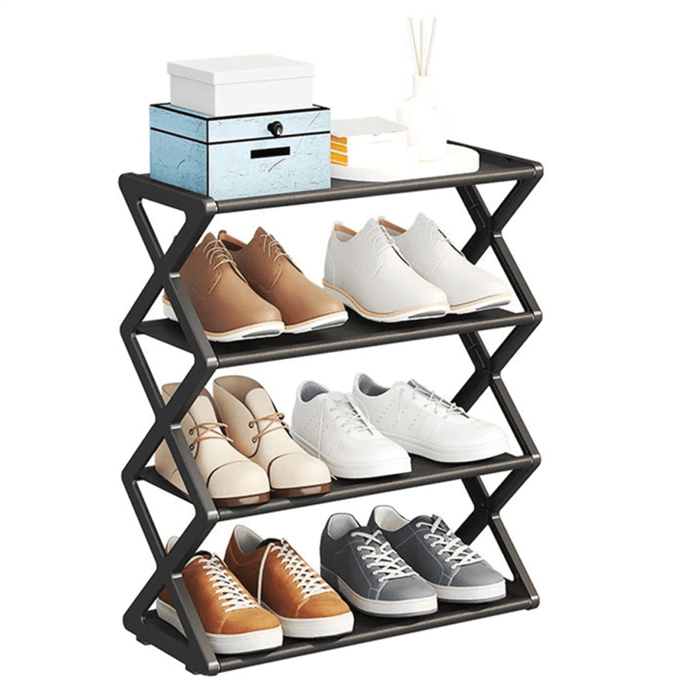 X-vormig schoenenrek voor thuis, multifunctionele stalen constructie, schoenenkast, studentenhuis, stofdichte opbergplank, zwart