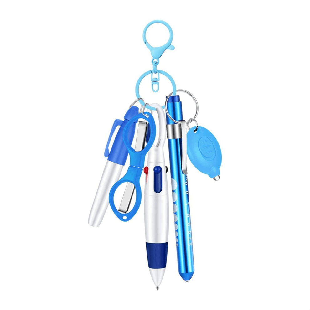 6-in-1 multifunctionele intrekbare balpenset, zaklamp, opvouwbare schaar, balpen, sleutelhanger, verpleegsterpennen, blauw