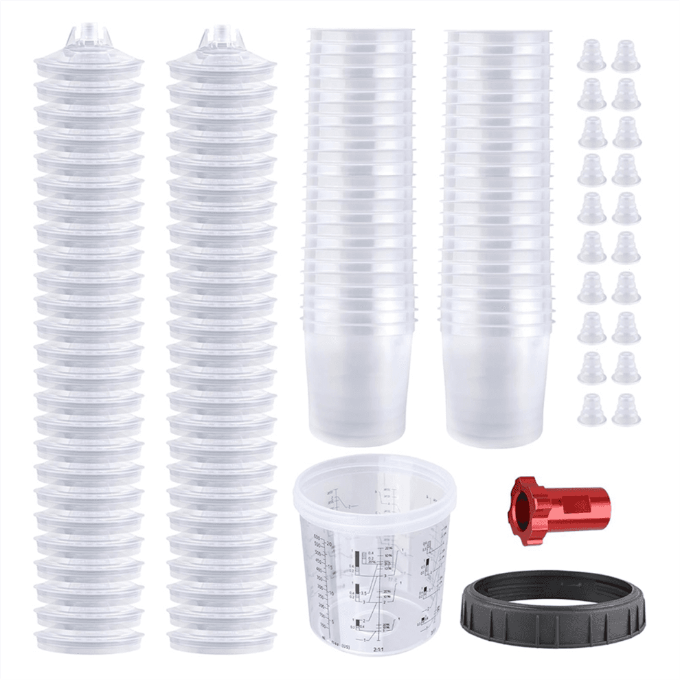 Verfspuitbeker, 20 oz (600 ml) set, met 50 bekers en dekselsysteem, 10 pluggen, 1 harde borgring, adapter