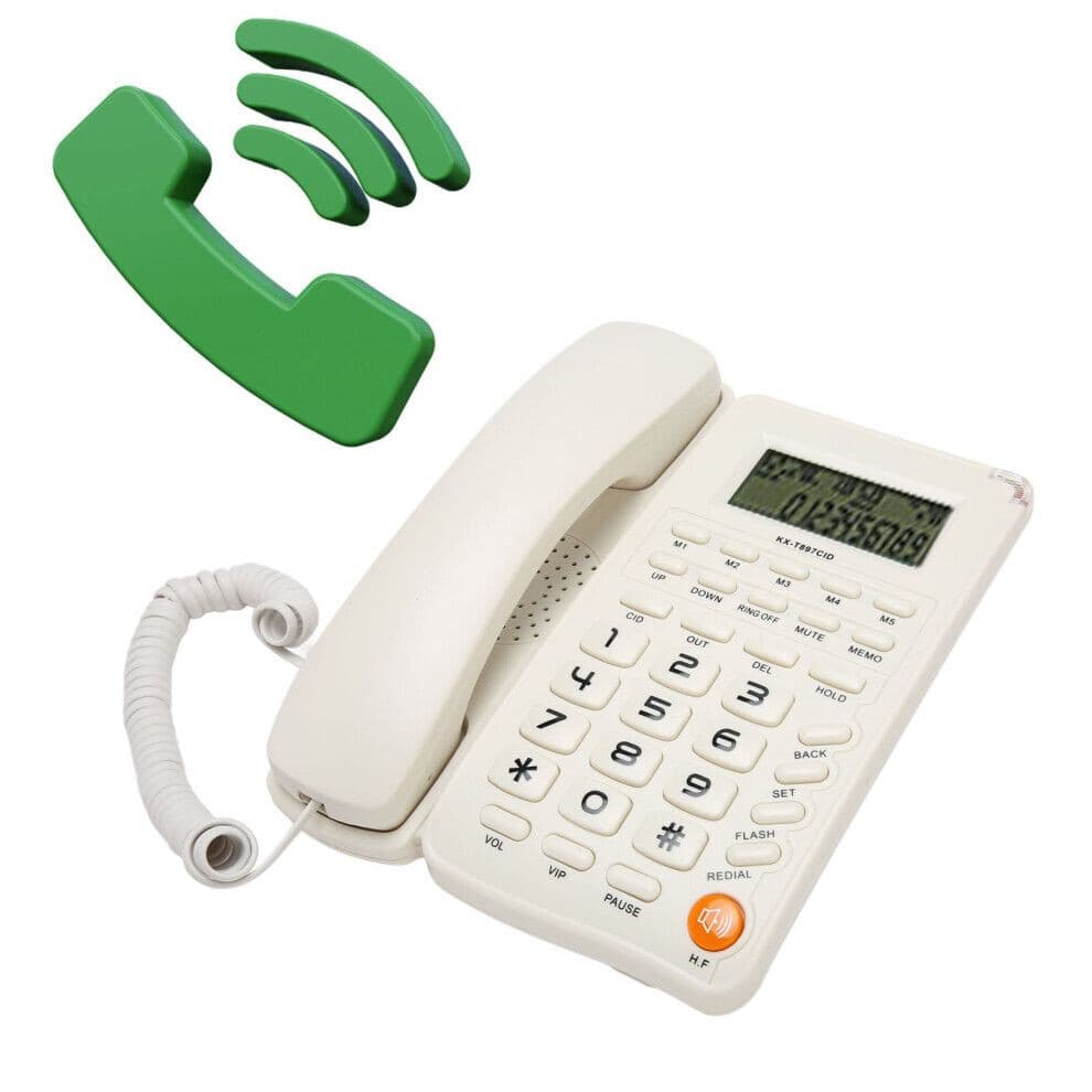 Witte bedrade telefoon met grote knoppen, geschikt voor ouderen en huishoudelijk gebruik.