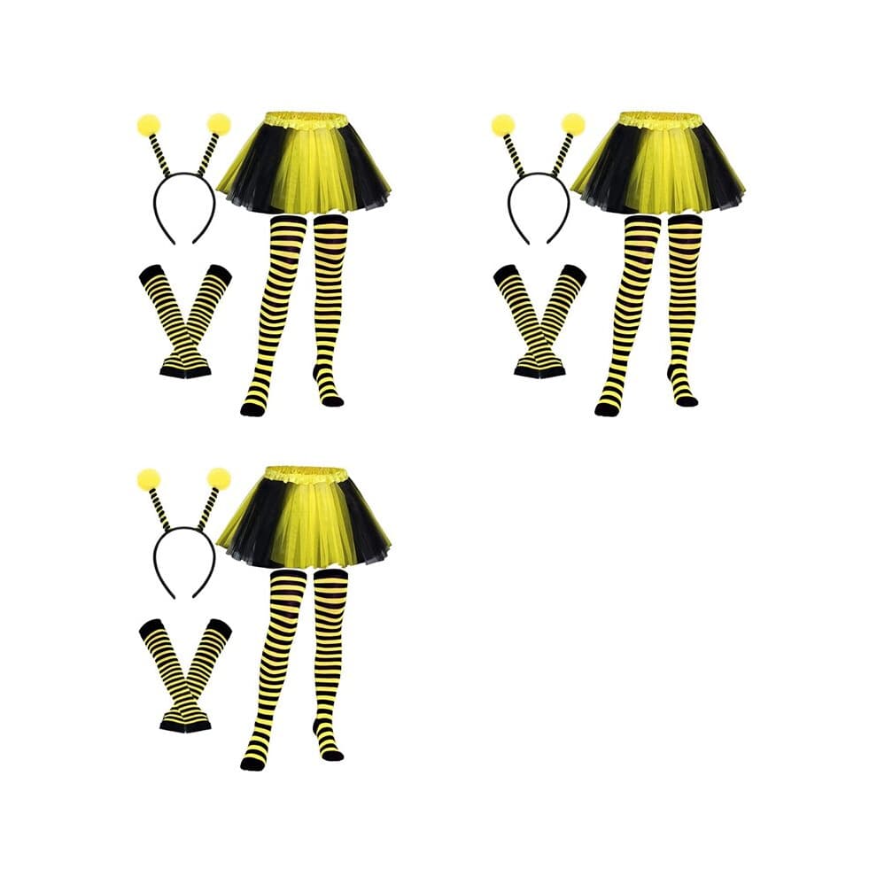 3X Bijenkostuumset voor Volwassenen Halloween Bijenkostuum Tutu Rok Bee Gestreept Knie Dij Hoge Kous Lange Handschoenen