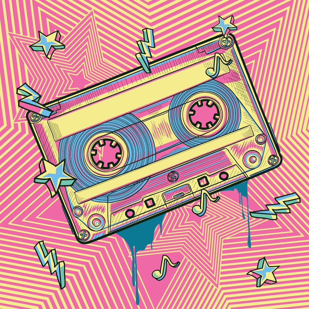 Schilderij - Cassette bandje, retro, roze,geel , 3 maten ,Premium Print