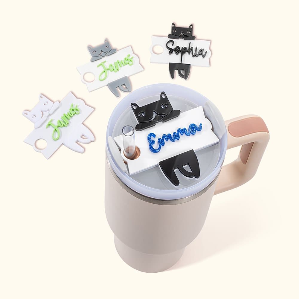 Gepersonaliseerde Leuke Kat Glitter Tumbler Name Tag Plate Acryl deksel Topper accessoire voor Stanley Cup verjaardag Gift voor kattenliefhebbers