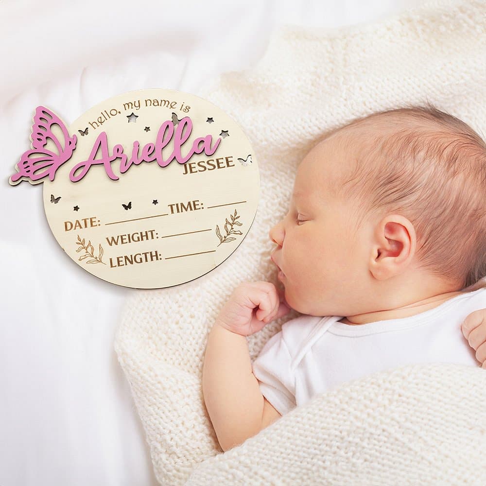 Gepersonaliseerde 3D vlinder houten geboorteaankondiging bord fotoprop met statistieken en gegraveerde naam baby shower verjaardagscadeau voor pasgebo