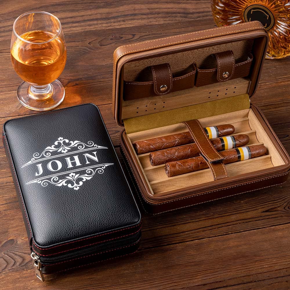 Gepersonaliseerde Monogram PU lederen draagbare sigaar Humidor geval met naam en datum verjaardag bruiloft vaderdag cadeau voor mannen sigaar