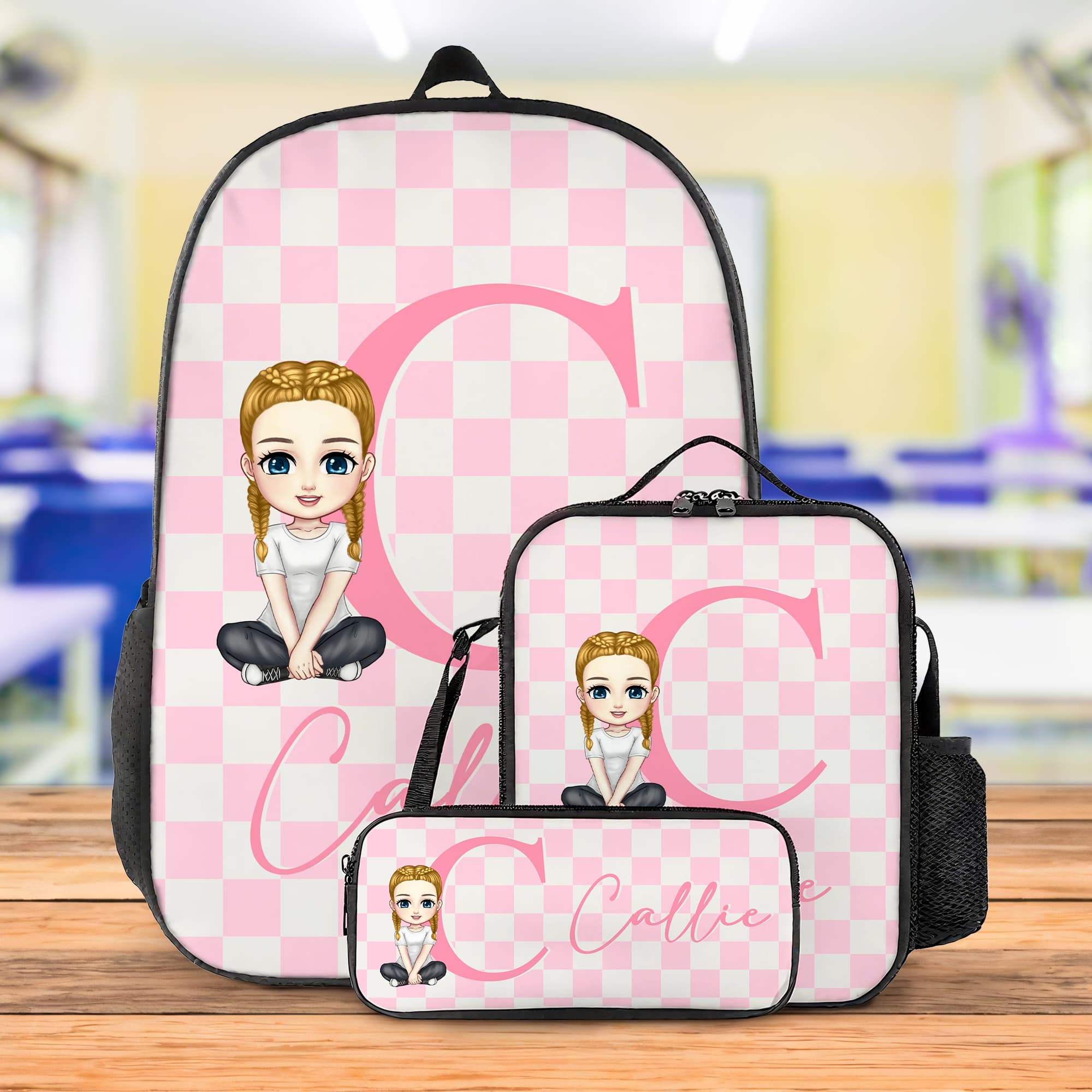 Gepersonaliseerde geruite patroon Cartoon karakter rugzak lunchtas etui set met initiaal en naam terug naar school Gift voor kinderen studenten