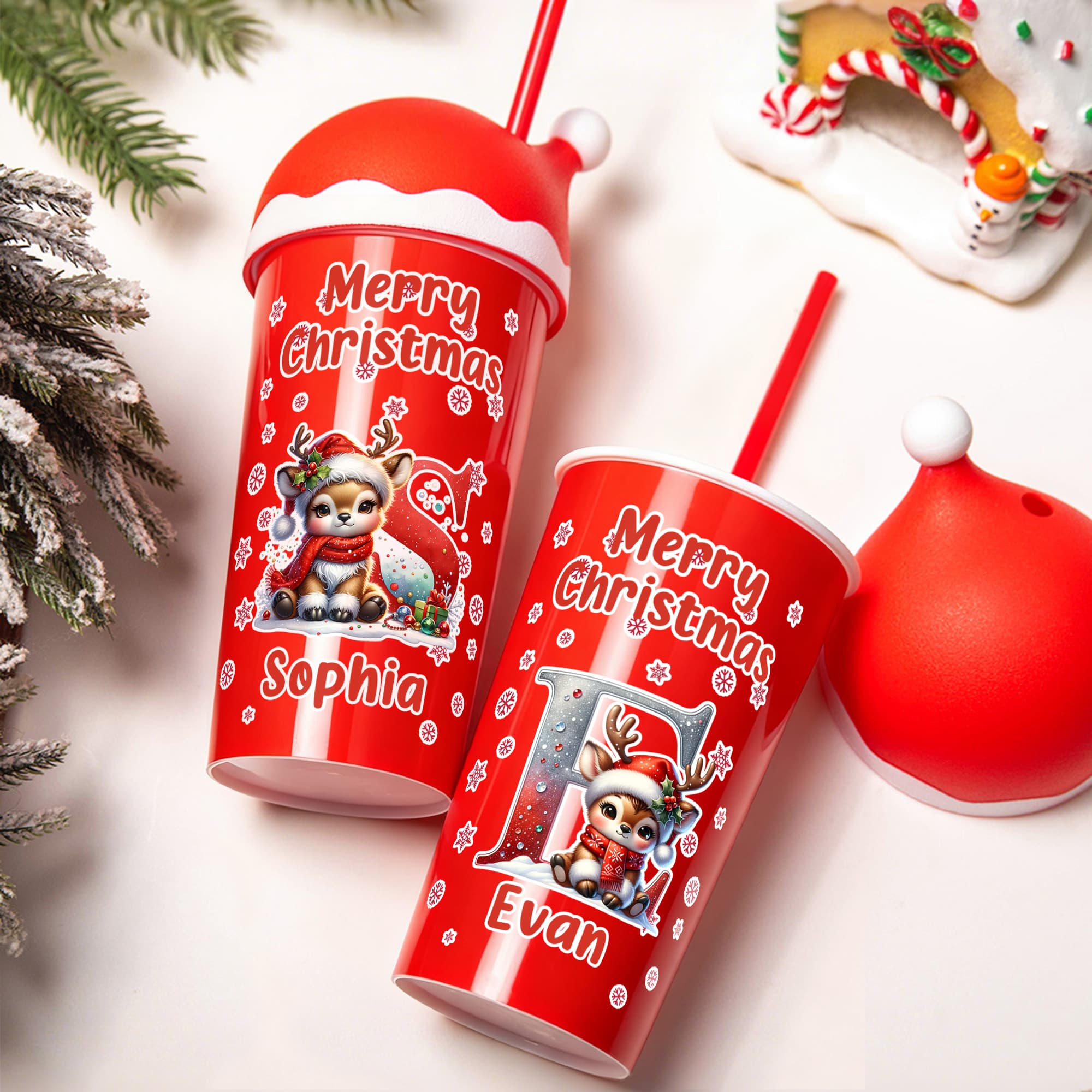 Gepersonaliseerde rendier initiaal sneeuwvlok 20 oz beker met bijpassende kerstmuts deksel en naam kerstfeest cadeau voor familie kinderen