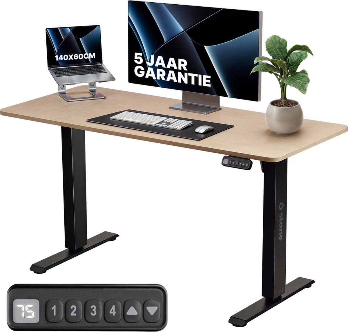 Stane Zit Sta Bureau - Elektrisch Verstelbaar - 4 Geheugenstanden - 140 x 60 cm - Grijs Eiken