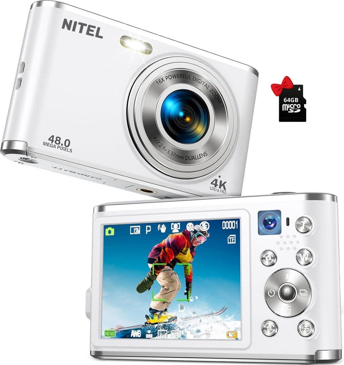 NITEL 54MP23 - Digitale Camera - 48MP FHD 4K - Wit (64GB)