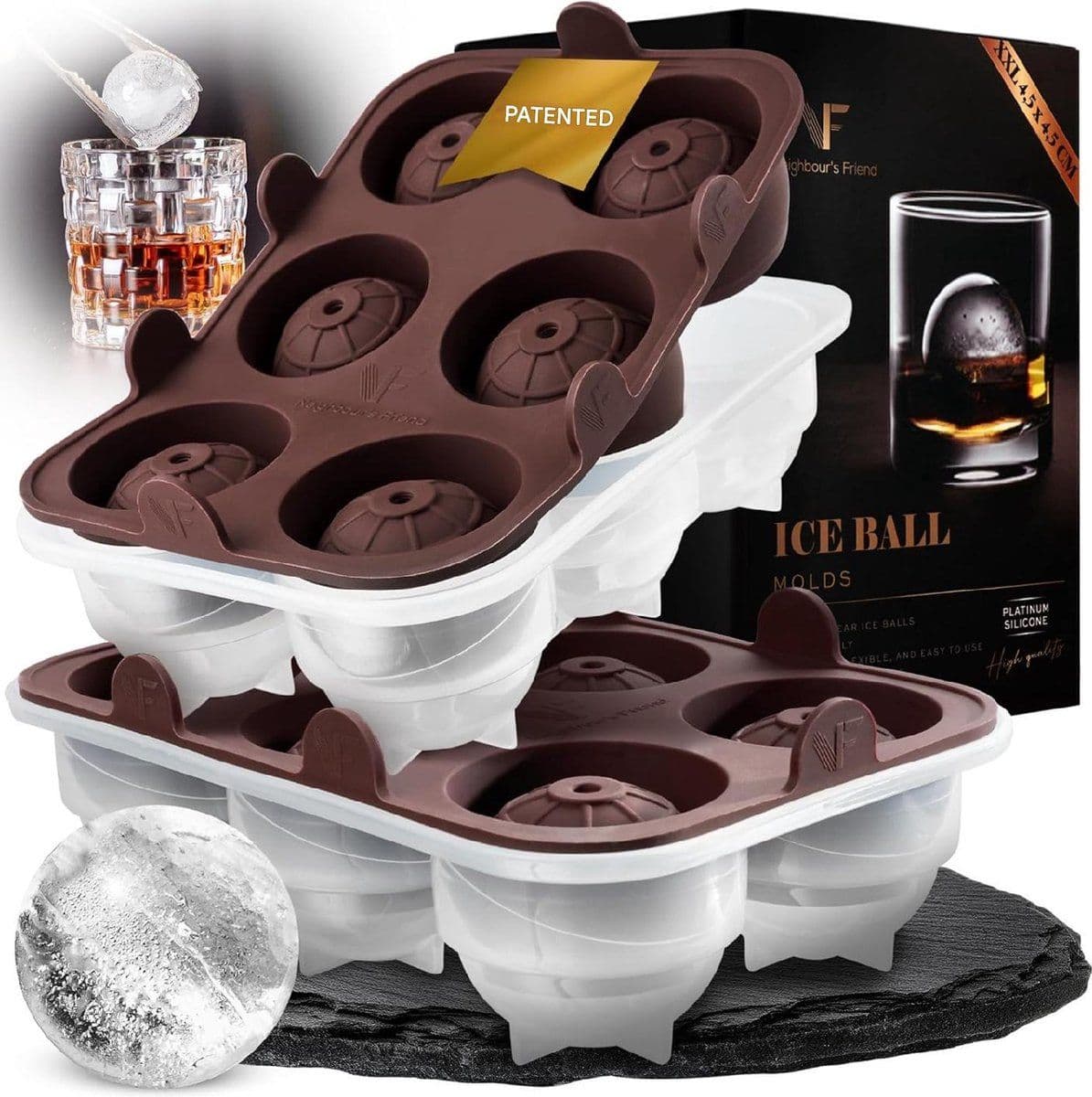 Neighbour's Friend XXL IJsbalvorm - Ronde ijsblokjesvorm voor whisky en cocktails - BPA-vrij platina siliconen (2 stuks)