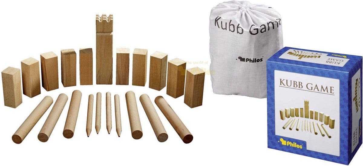 Philos Beukenhouten Kubb spel - 10 Kubbs - 6 Ronde stokken - Multikleur