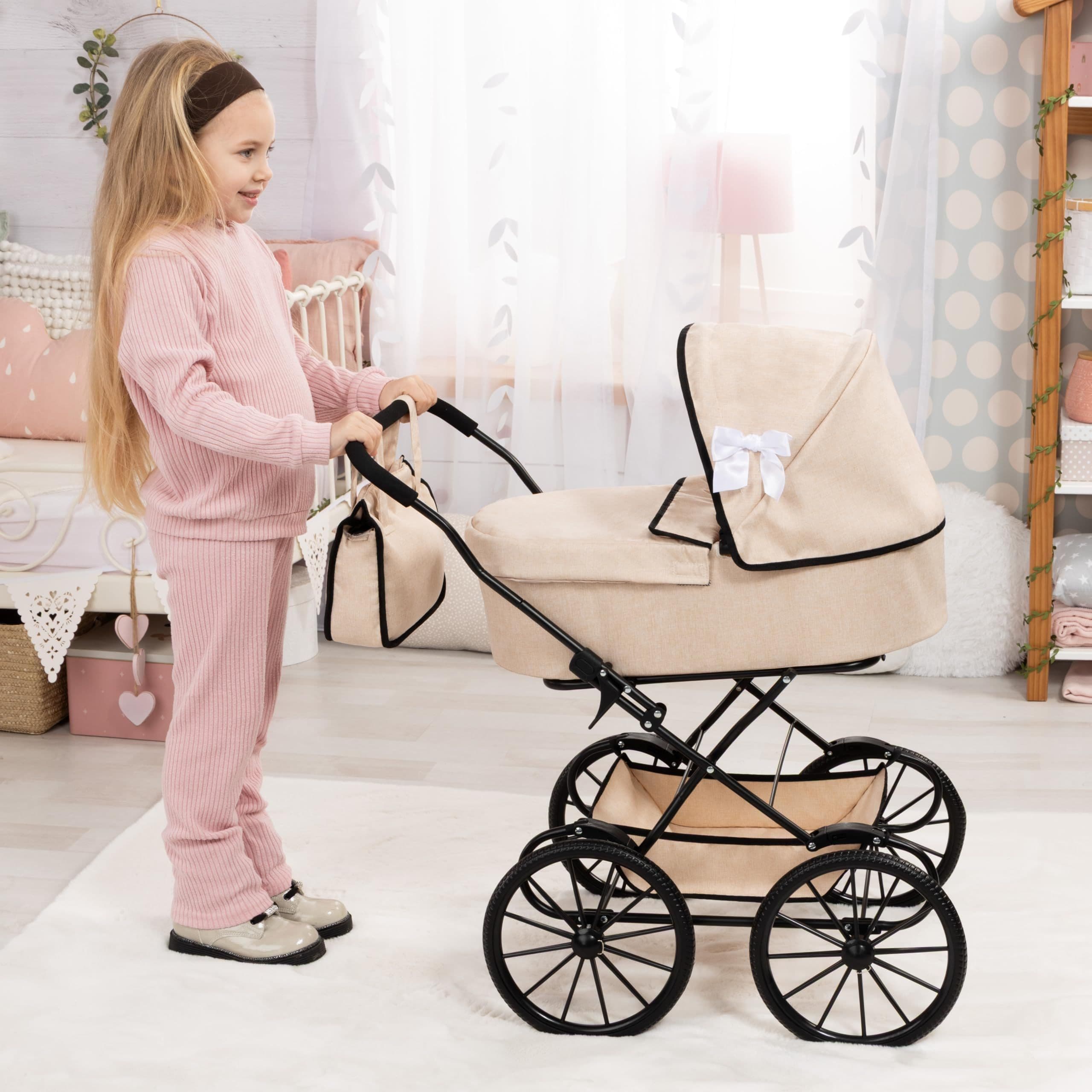 14375AA - Poppenwagen - Opvouwbaar met mand en tas - Nostalgisch klassiek